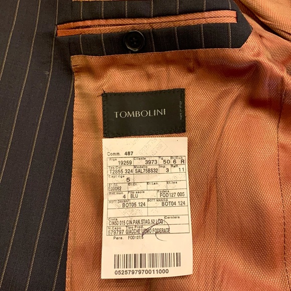 TOMBOLINI MENS WOOL TWO BUTTON SUIT WITH THIN STRIPING AND DOUBLE BACK VENT - Picture 9 of 13